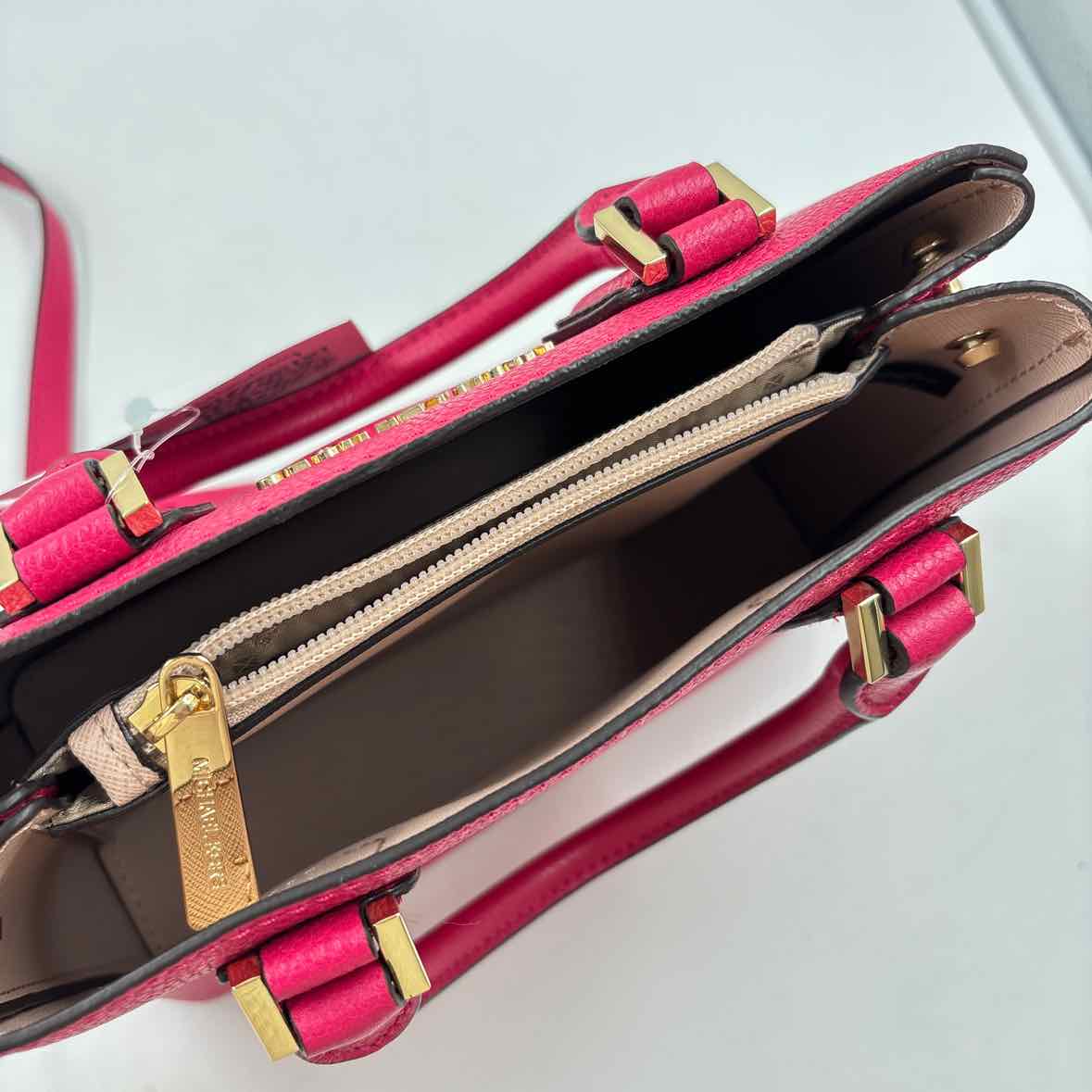 Inside MICHAEL KORS Fuchsia Hot Pink Leather MEDIUM ADELE Handled Satchel Purse w/Opt Crossbody