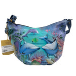 NWT Anuschka Hand-Painted Blue & Multi DOLPHIN Leather Shoulder Purse