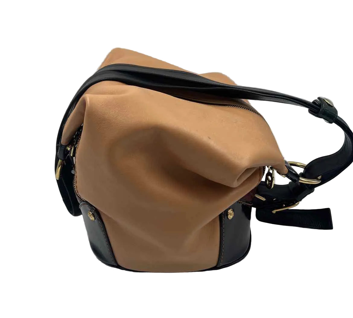 MARINO ORLANDI Tan & Black Leather Large Convertible Sling Bag/Backpack Purse