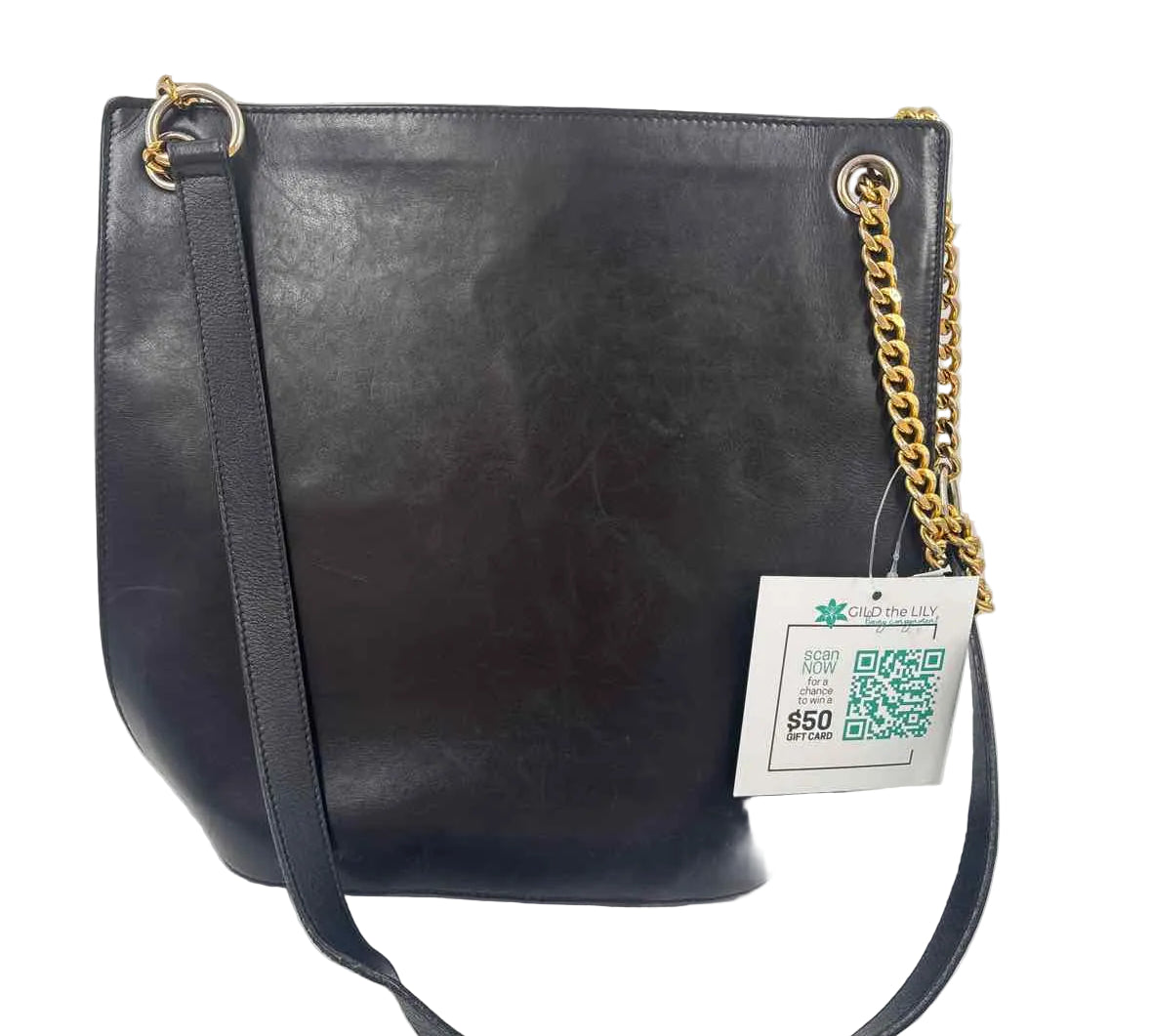 HENRI BENDEL Black Leather w/Leather & Chain Convertible Crossbody Bucket Bag Purse
