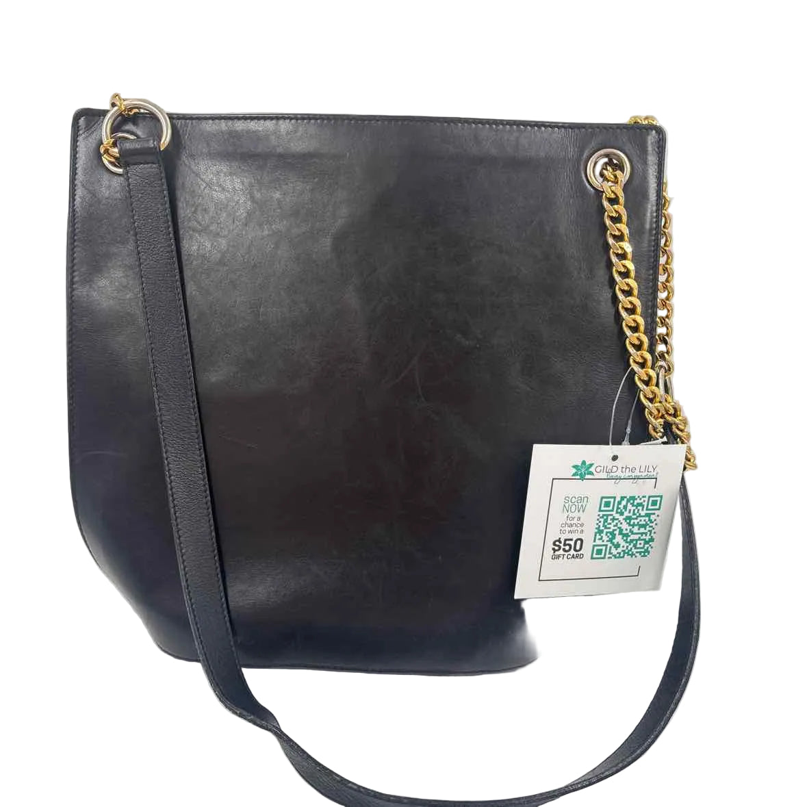 HENRI BENDEL Black Leather w/Leather & Chain Convertible Crossbody Bucket Bag Purse