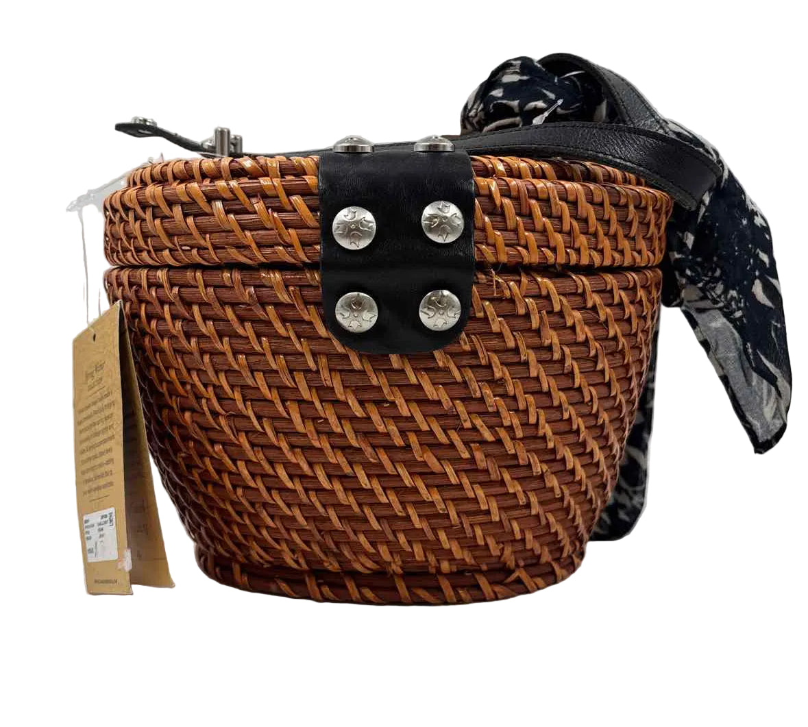 Back PATRICIA NASH Brown Bronze Woven CASELLE Wicker Basket Satchel Purse w/Twilly Scarf Accent