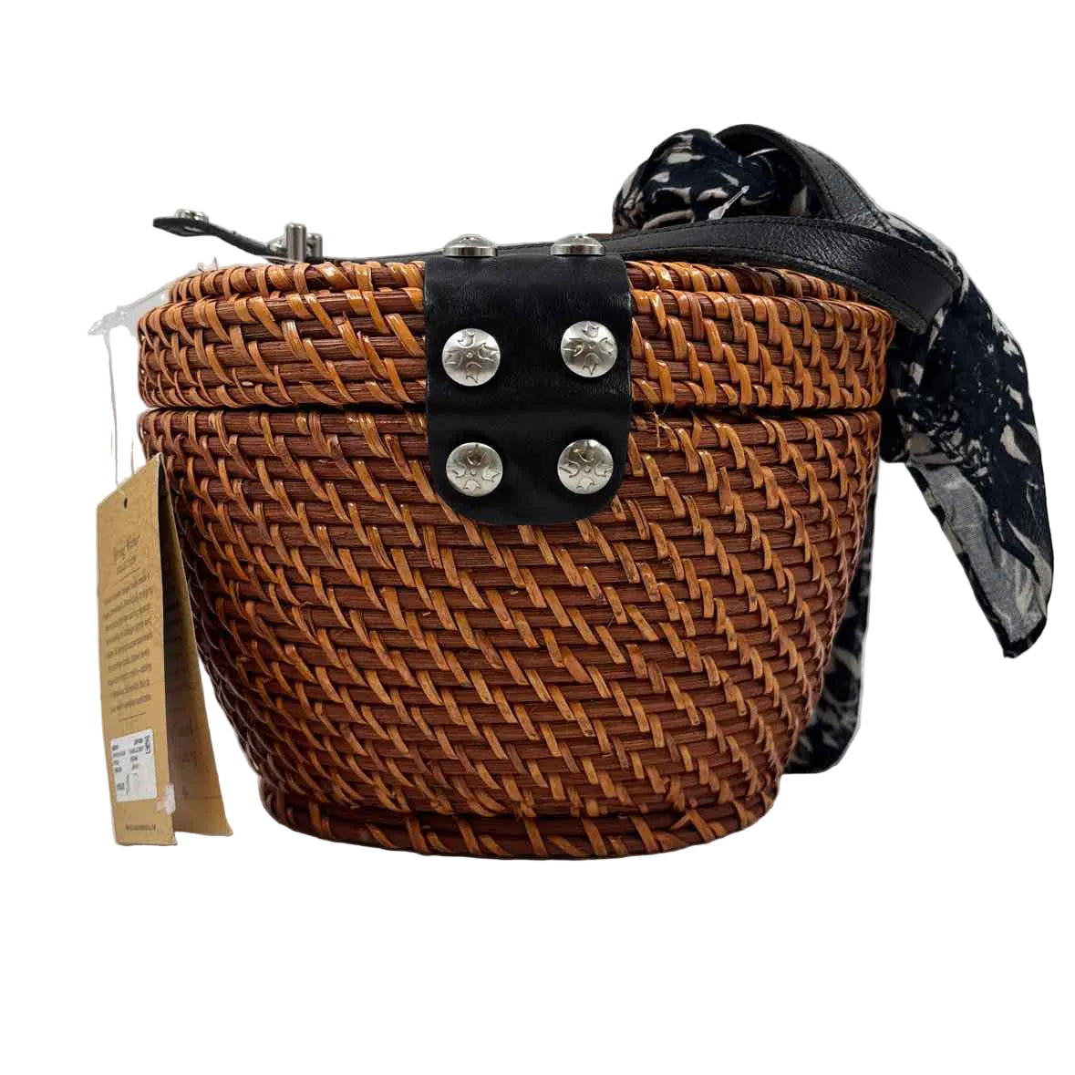 Back PATRICIA NASH Brown Bronze Woven CASELLE Wicker Basket Satchel Purse w/Twilly Scarf Accent