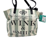 BRIGHTON Green & Natural Striped Canvas & Leather MFIL WINK & SMILE Tote Bag Purse