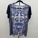 Susan Graver Women's Size L Blue Damask Short Sleeve Shirt