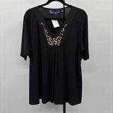 Susan Graver Women's Size L Black Beaded Short Sleeve Shirt