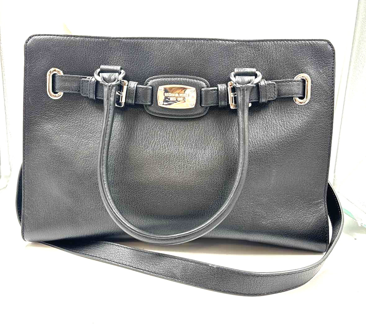 MICHAEL KORS Black Pebble Leather Handled HAMILTON Tote Bag Purse w/Crossbody Strap