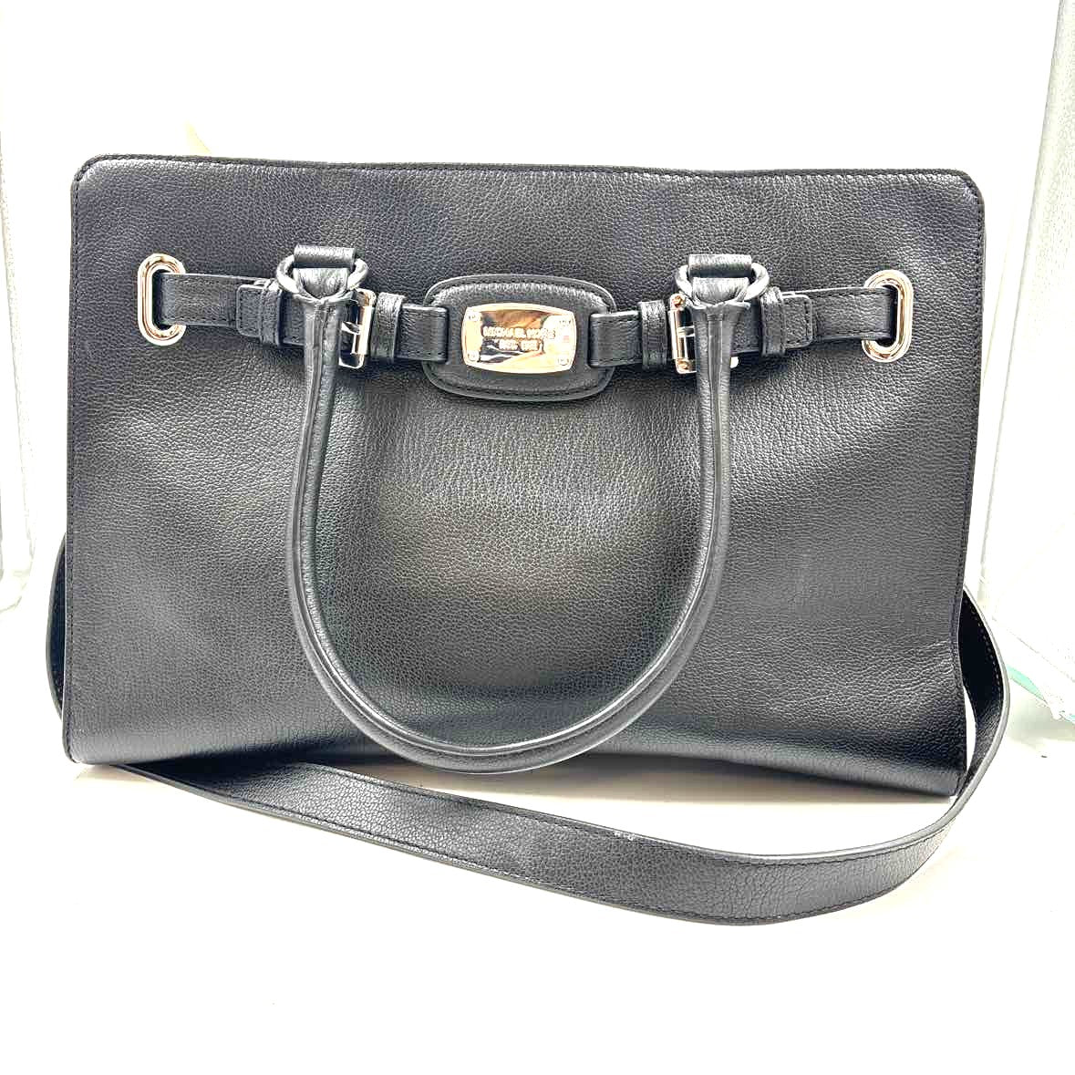 MICHAEL KORS Black Pebble Leather Handled HAMILTON Tote Bag Purse w/Crossbody Strap
