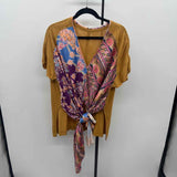 Free People Junior's Size L Mustard Yellow Floral Short Sleeve Shirt