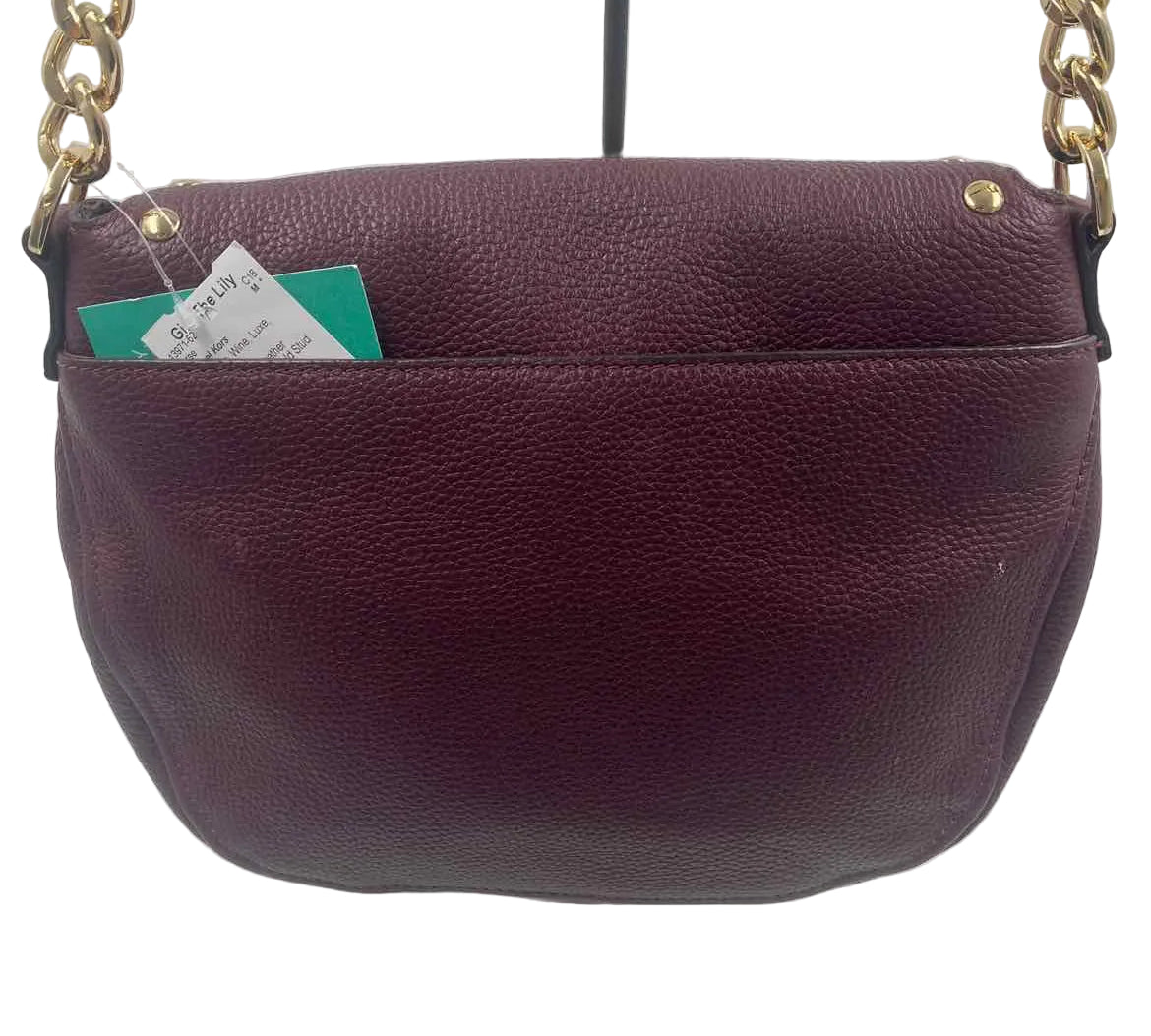Back MICHAEL KORS Wine Pebbled Leather BEDFORD STUD Shoulder Bag Purse