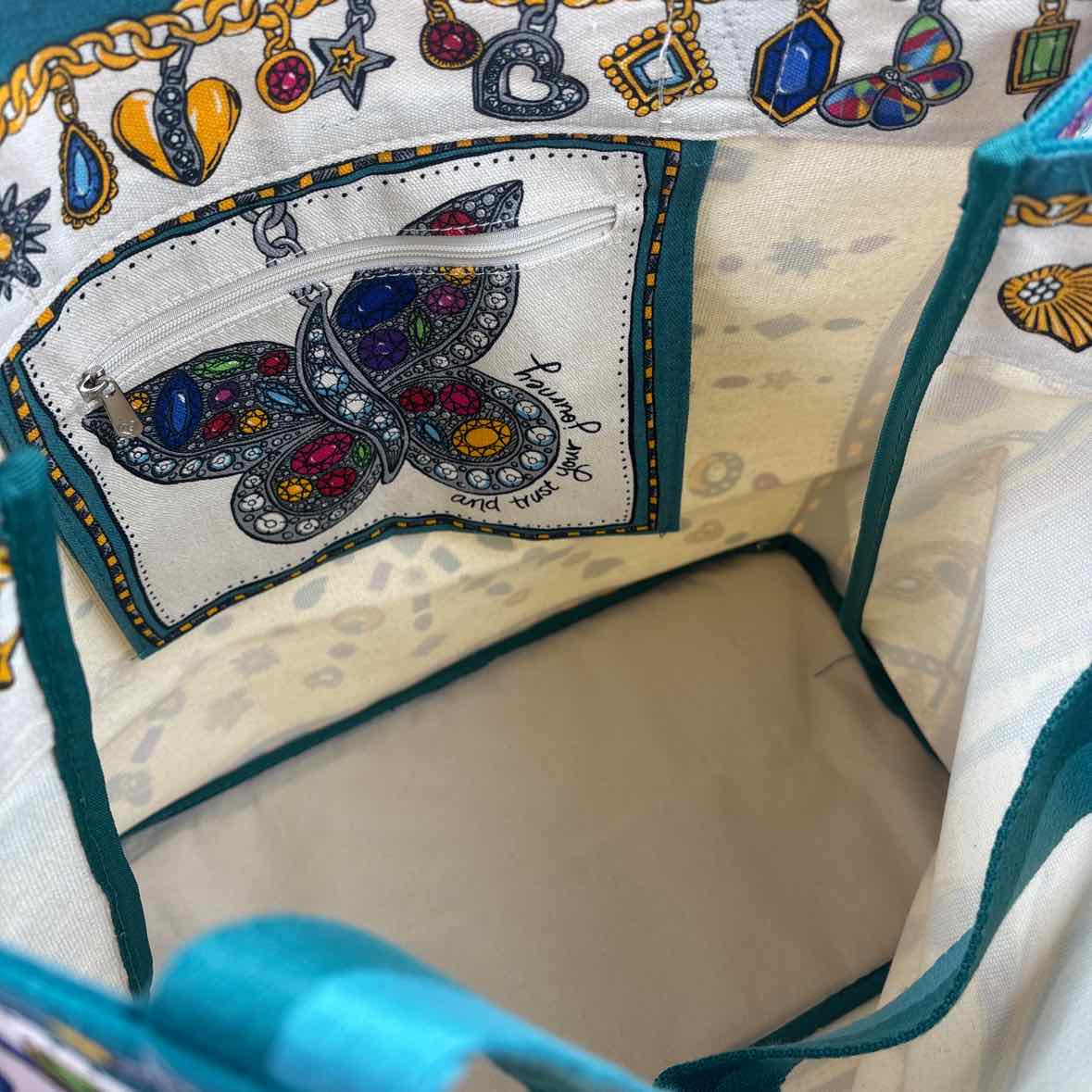 Interior NWT BRIGHTON Teal Natural Yellow Gray Jewel CHARMED LOVE Canvas Tote Bag Purse