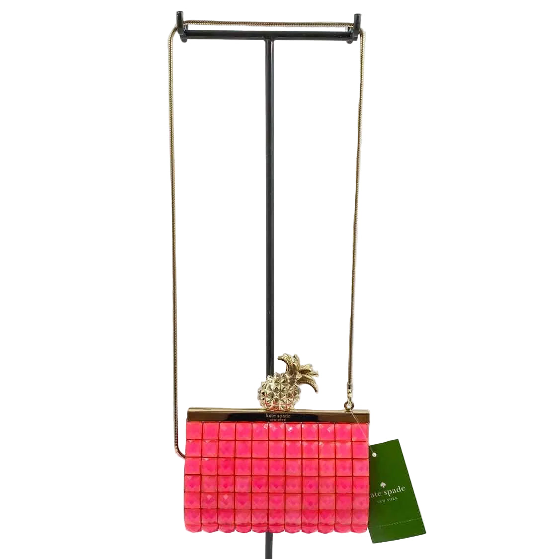 KATE SPADE Hot Pink Pineapple LEMONDROP LELLA Frame Clutch Purse w/Gold Cord Crossbody
