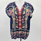 Johnny Was Women's Size S Navy Floral Short Sleeve Shirt