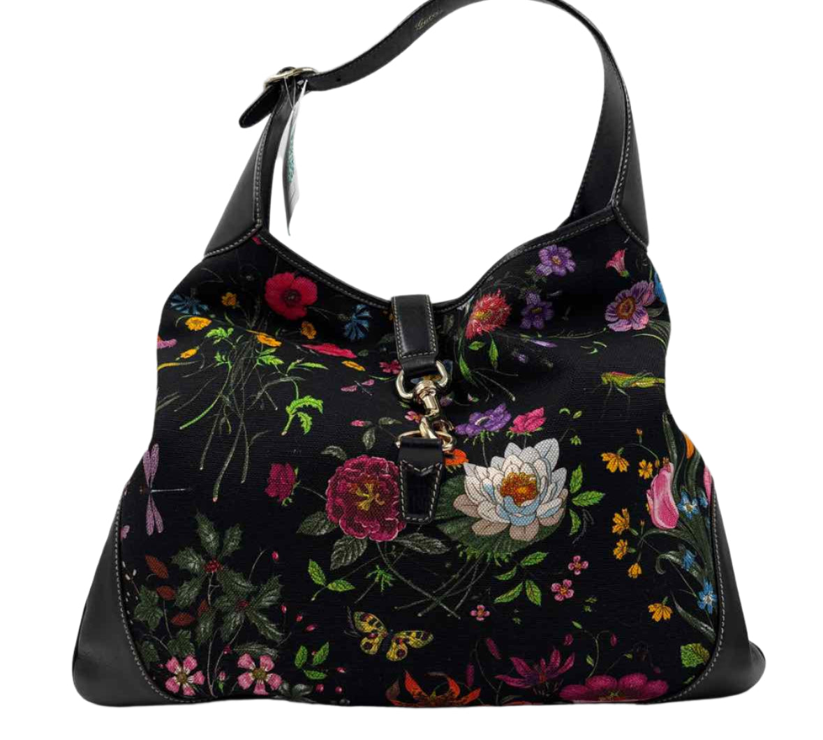 GUCCI Black Flora JACKIE Hobo Bag Purse w/Leather Shoulder Strap & Trim