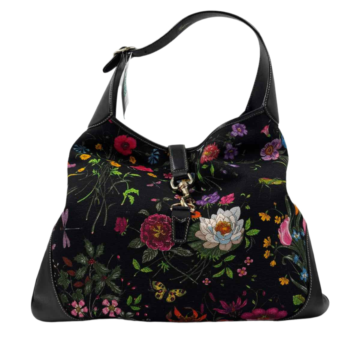 GUCCI Black Flora JACKIE Hobo Bag Purse w/Leather Shoulder Strap & Trim