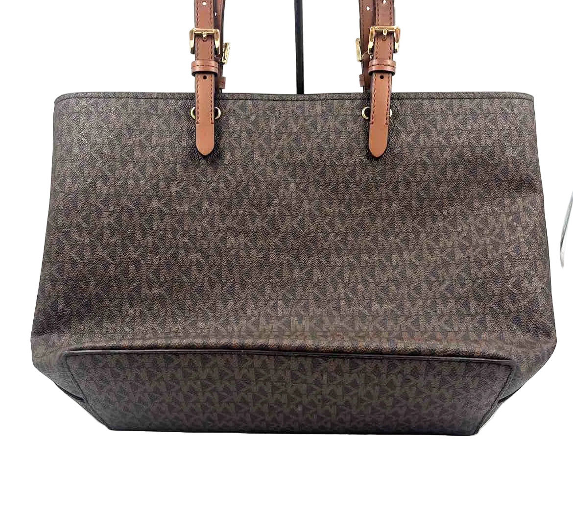 Back MICHAEL KORS Brown & Acorn Tan Signature JET SET Travel Medium DOUBLE POCKET Tote Bag Purse