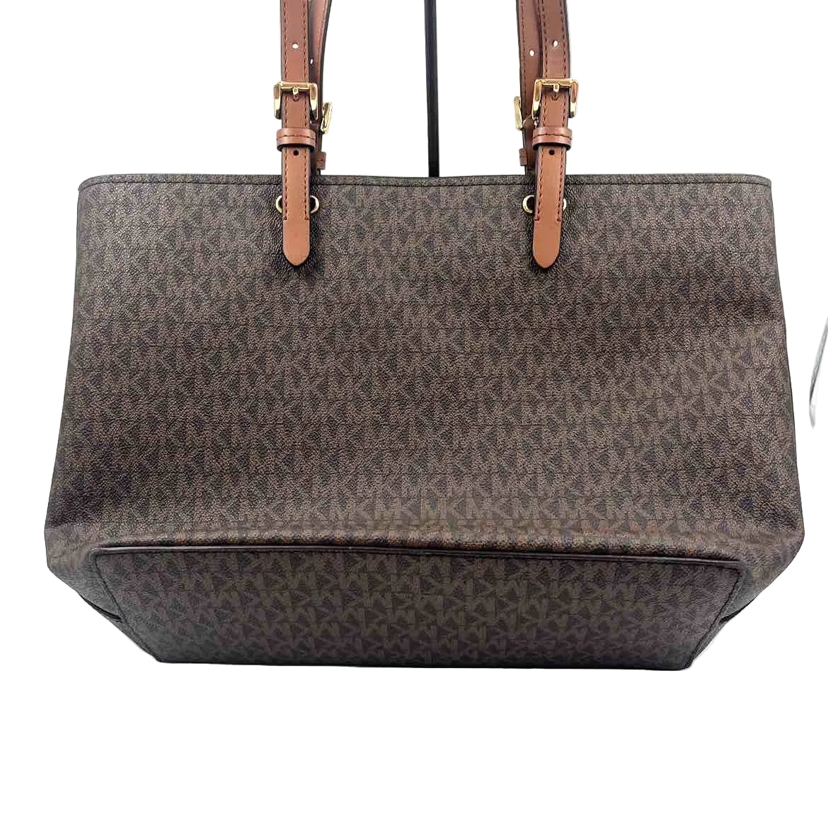 Back MICHAEL KORS Brown & Acorn Tan Signature JET SET Travel Medium DOUBLE POCKET Tote Bag Purse