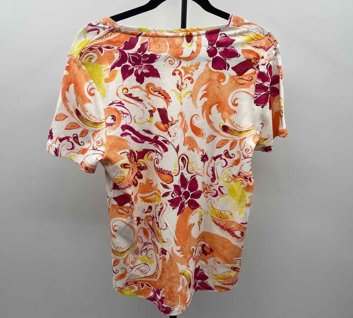 Chico's Women's Size L Orange Abstract Short Sleeve Shirt