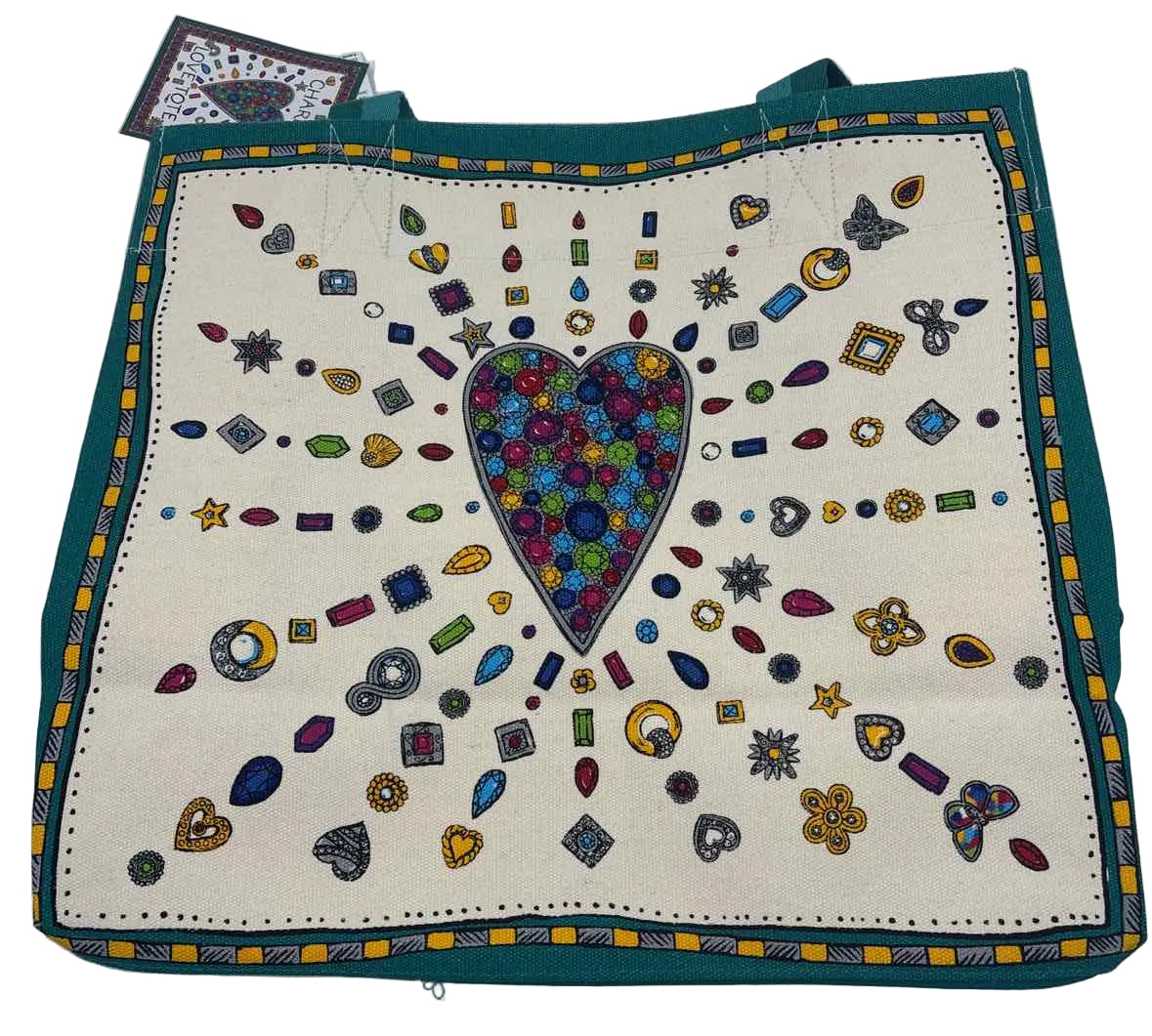 NWT BRIGHTON Teal Natural Yellow Gray Jewel CHARMED LOVE Canvas Tote Bag Purse