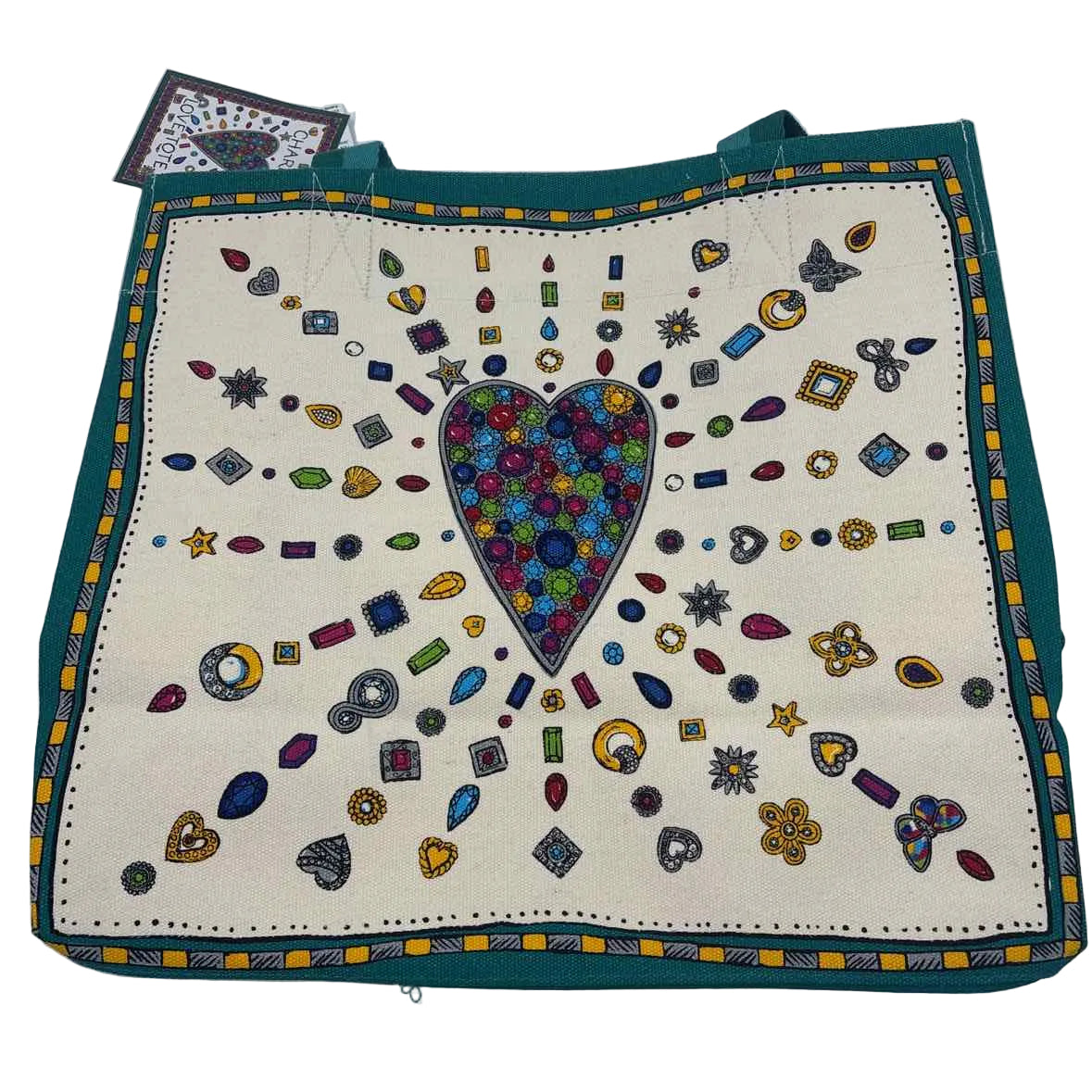 NWT BRIGHTON Teal Natural Yellow Gray Jewel CHARMED LOVE Canvas Tote Bag Purse