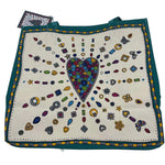 NWT BRIGHTON Teal Natural Yellow Gray Jewel CHARMED LOVE Canvas Tote Bag Purse