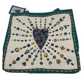 NWT BRIGHTON Teal Natural Yellow Gray Jewel CHARMED LOVE Canvas Tote Bag Purse