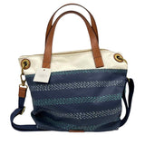 FOSSIL Navy Blue & Cream KEELY TOTE Bag Purse w/Crossbody Strap