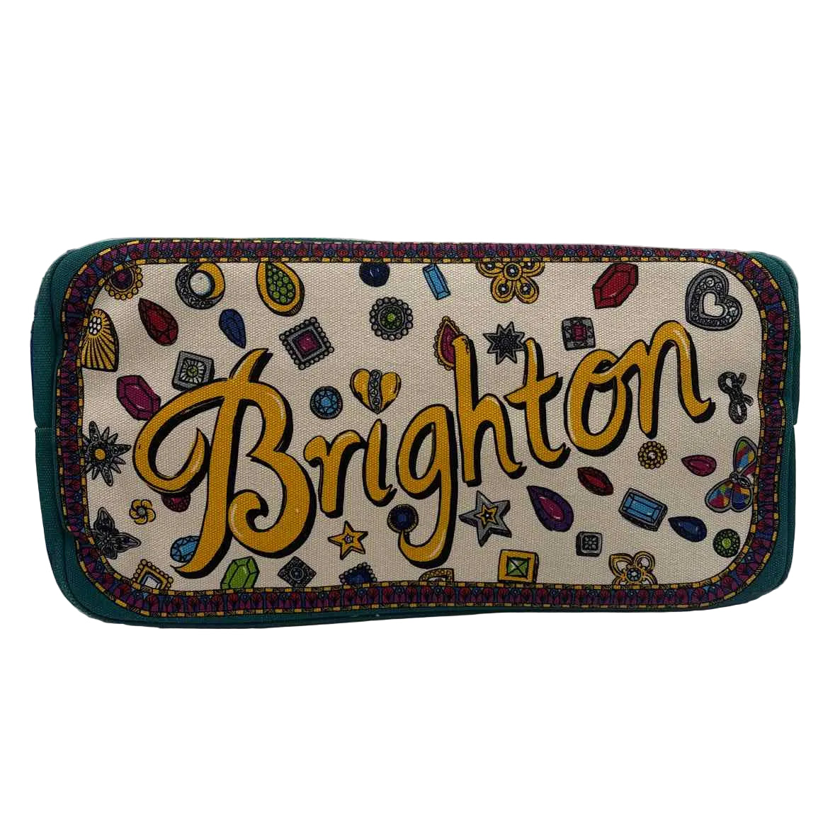 Bottom NWT BRIGHTON Teal Natural Yellow Gray Jewel CHARMED LOVE Canvas Tote Bag Purse