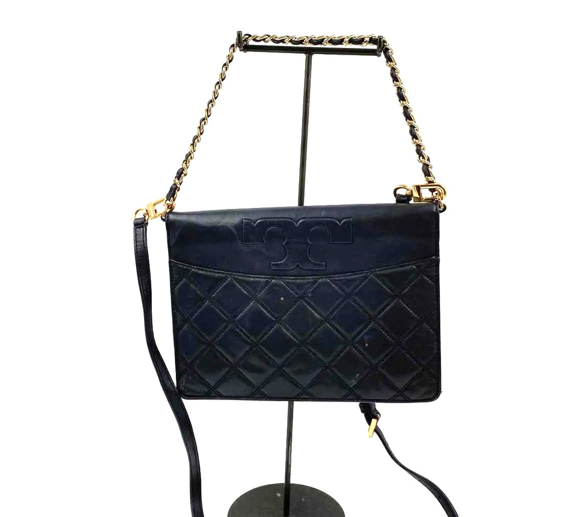 TORY BURCH Quilted Black Leather SAVANNAH Flat Clutch Crossbody Purse