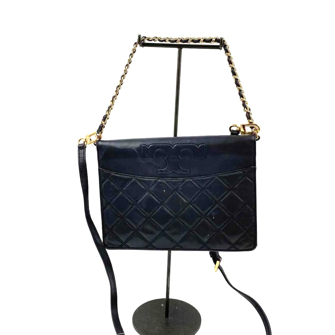 TORY BURCH Quilted Black Leather SAVANNAH Flat Clutch Crossbody Purse