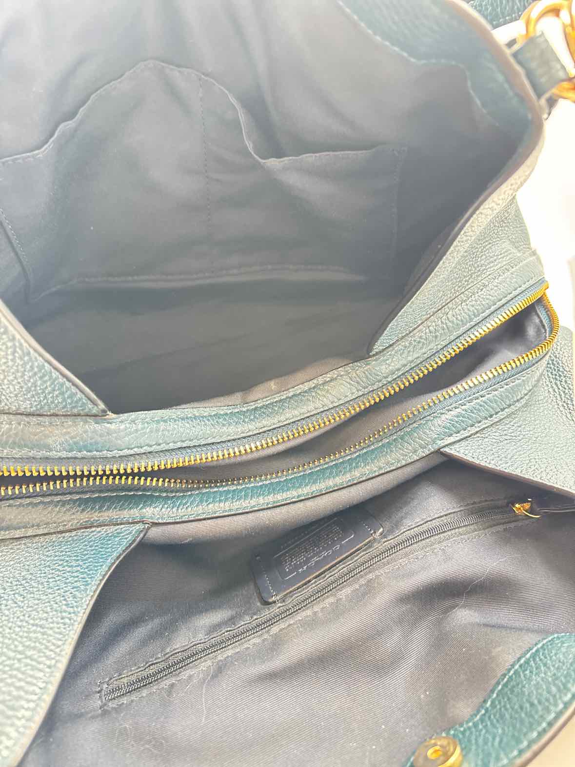 Interior COACH Teal Pebble Leather HALLIE Shoulder Bag Purse