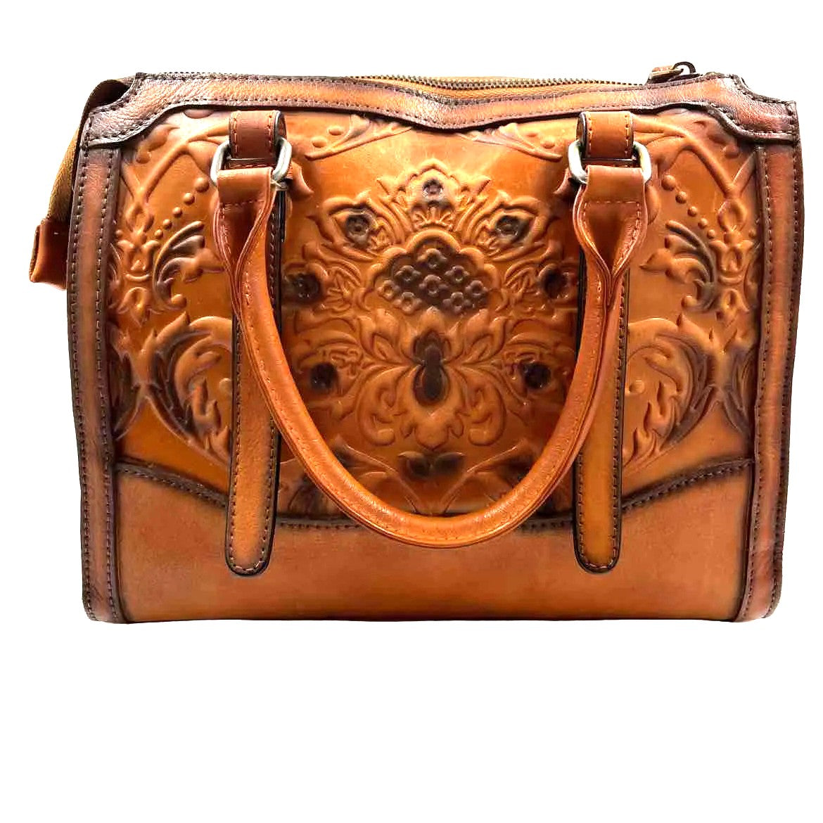 FEIGITOR Floral Embossed Brown Leather Handled Satchel Bag Purse