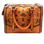 FEIGITOR Floral Embossed Brown Leather Handled Satchel Bag Purse