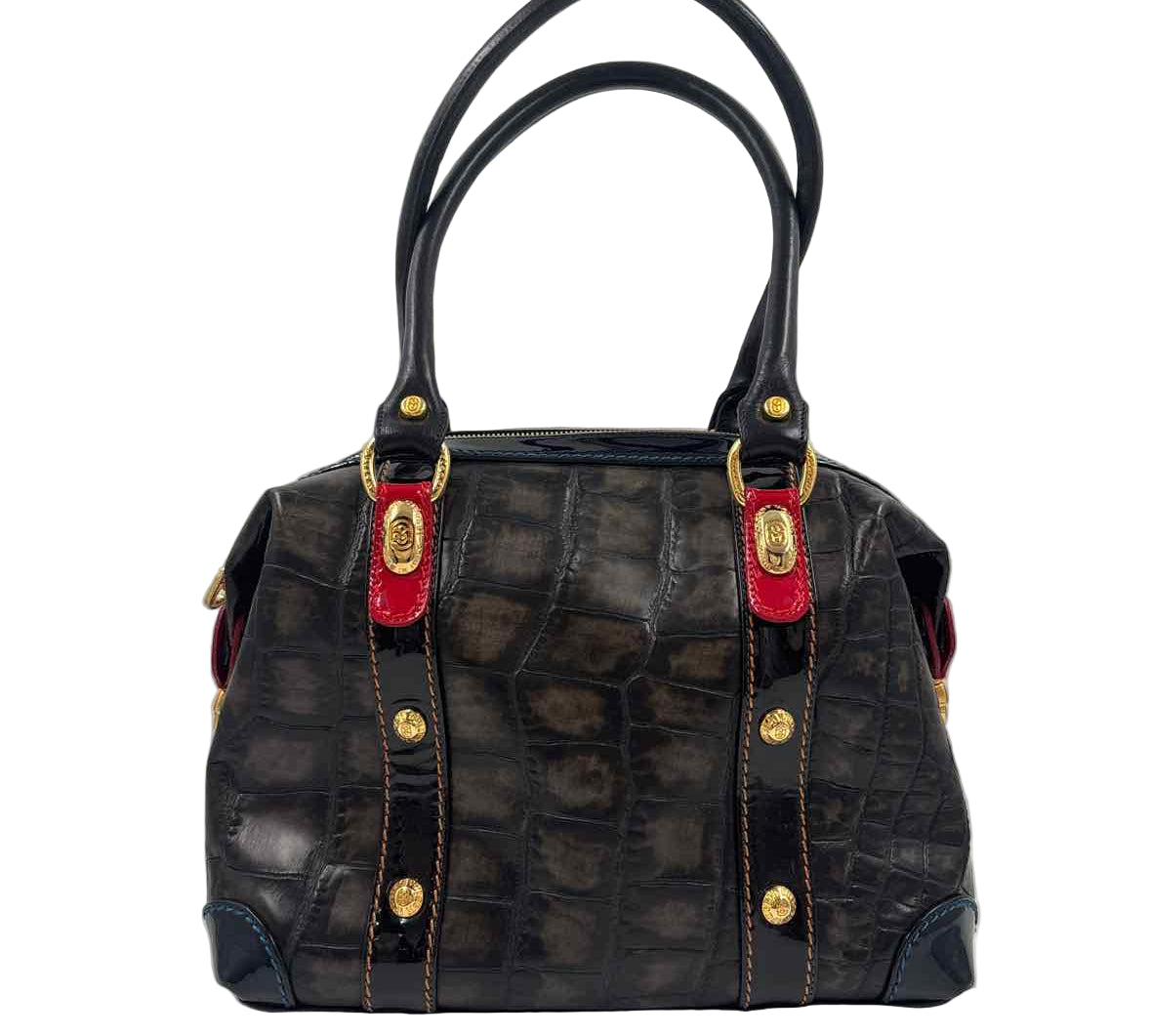 MARINO ORLANDI Black Croc-Embossed Leather Handled Satchel Purse