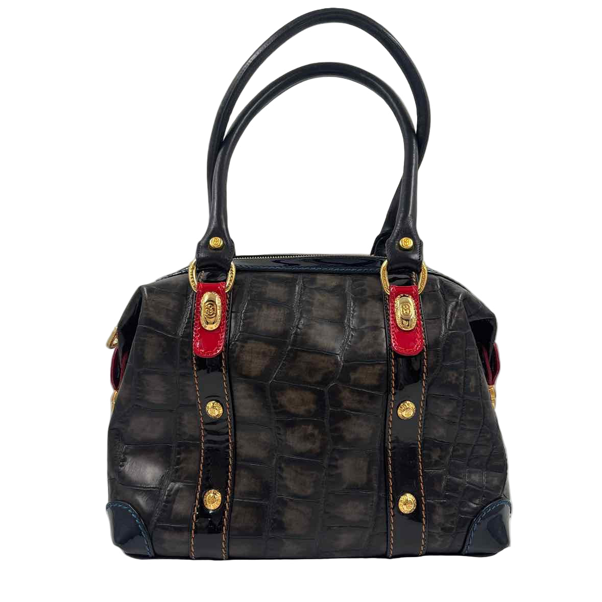 MARINO ORLANDI Black Croc-Embossed Leather Handled Satchel Purse