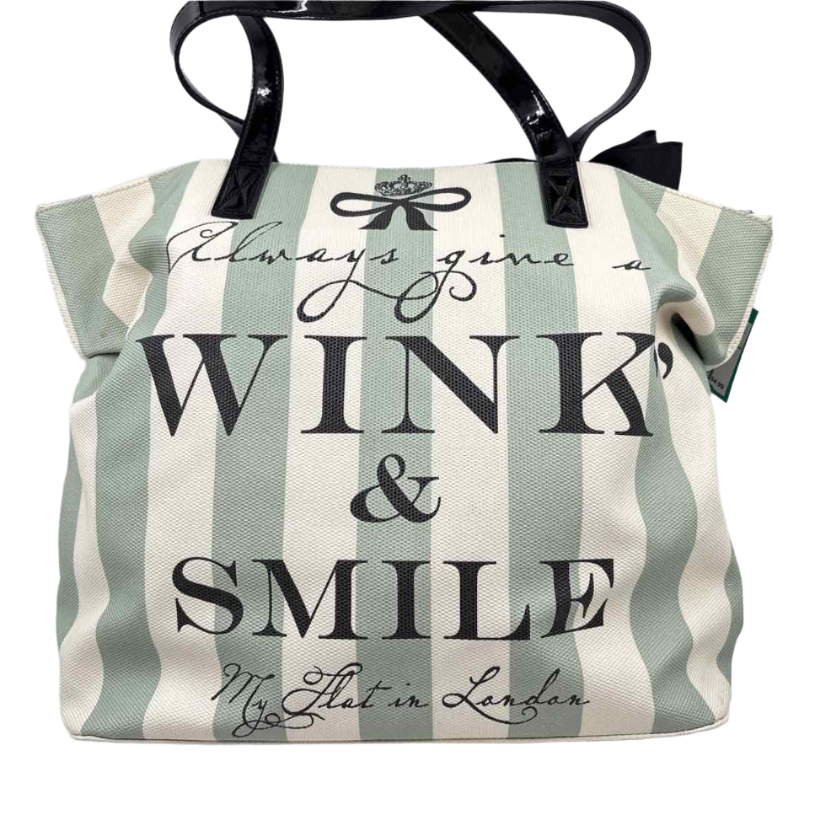 BRIGHTON Green & Natural Striped Canvas & Leather MFIL WINK & SMILE Tote Bag Purse