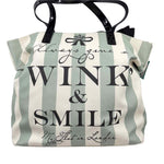 BRIGHTON Green & Natural Striped Canvas & Leather MFIL WINK & SMILE Tote Bag Purse