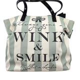 BRIGHTON Green & Natural Striped Canvas & Leather MFIL WINK & SMILE Tote Bag Purse