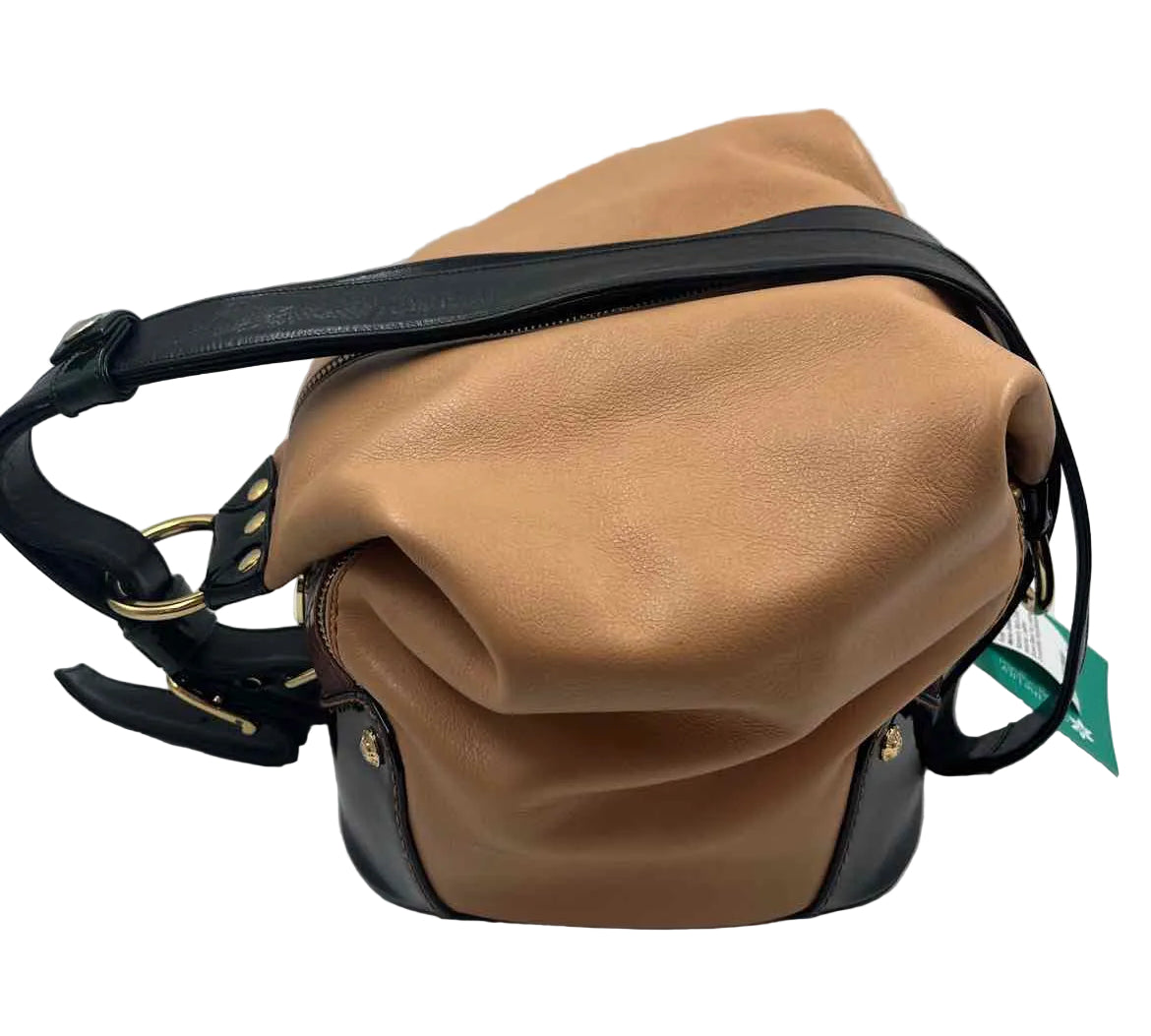 MARINO ORLANDI Tan & Black Leather Large Convertible Sling Bag/Backpack Purse