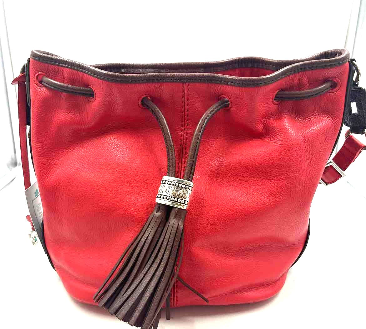 BRIGHTON Red Pebble Leather Drawstring Bucket Bag Purse w/Brown Leather Trim