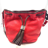 BRIGHTON Red Pebble Leather Drawstring Bucket Bag Purse w/Brown Leather Trim