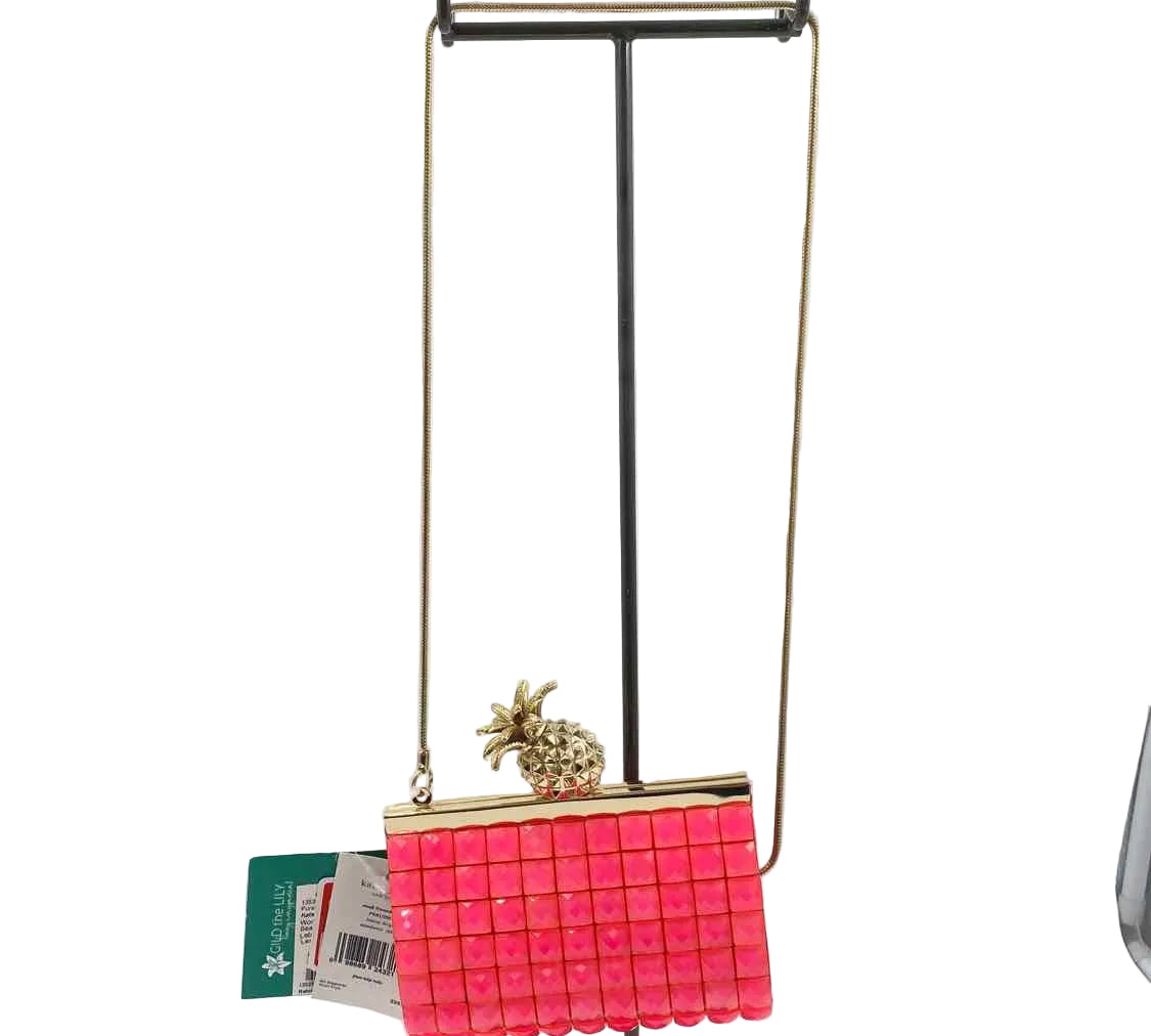 KATE SPADE Hot Pink Pineapple LEMONDROP LELLA Frame Clutch Purse w/Gold Cord Crossbody