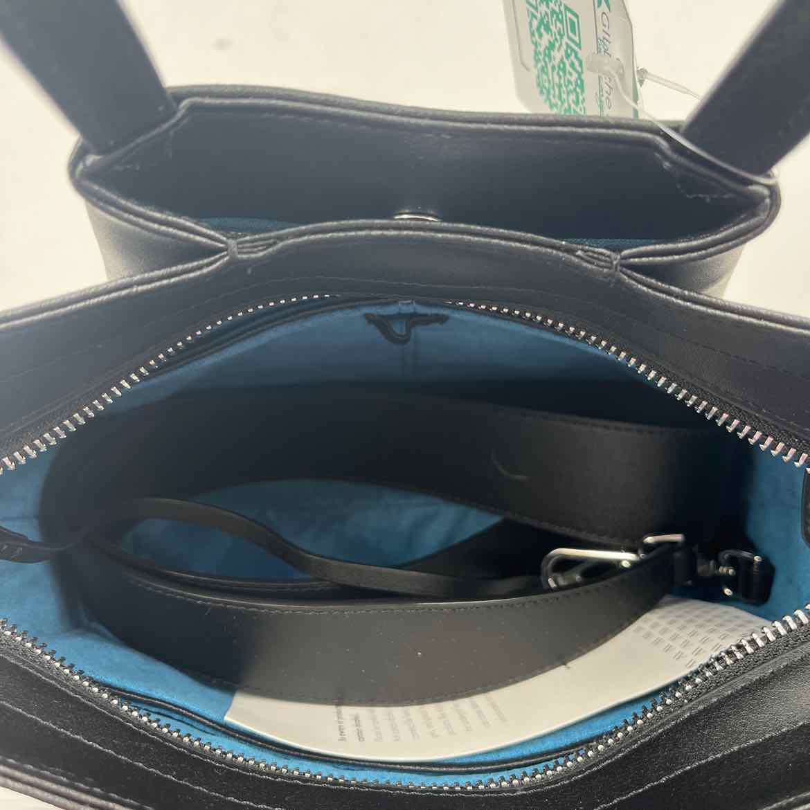 Interior KAAI Black Leather MINI PYRAMID Handled Tote w/Opt Crossbody Strap
