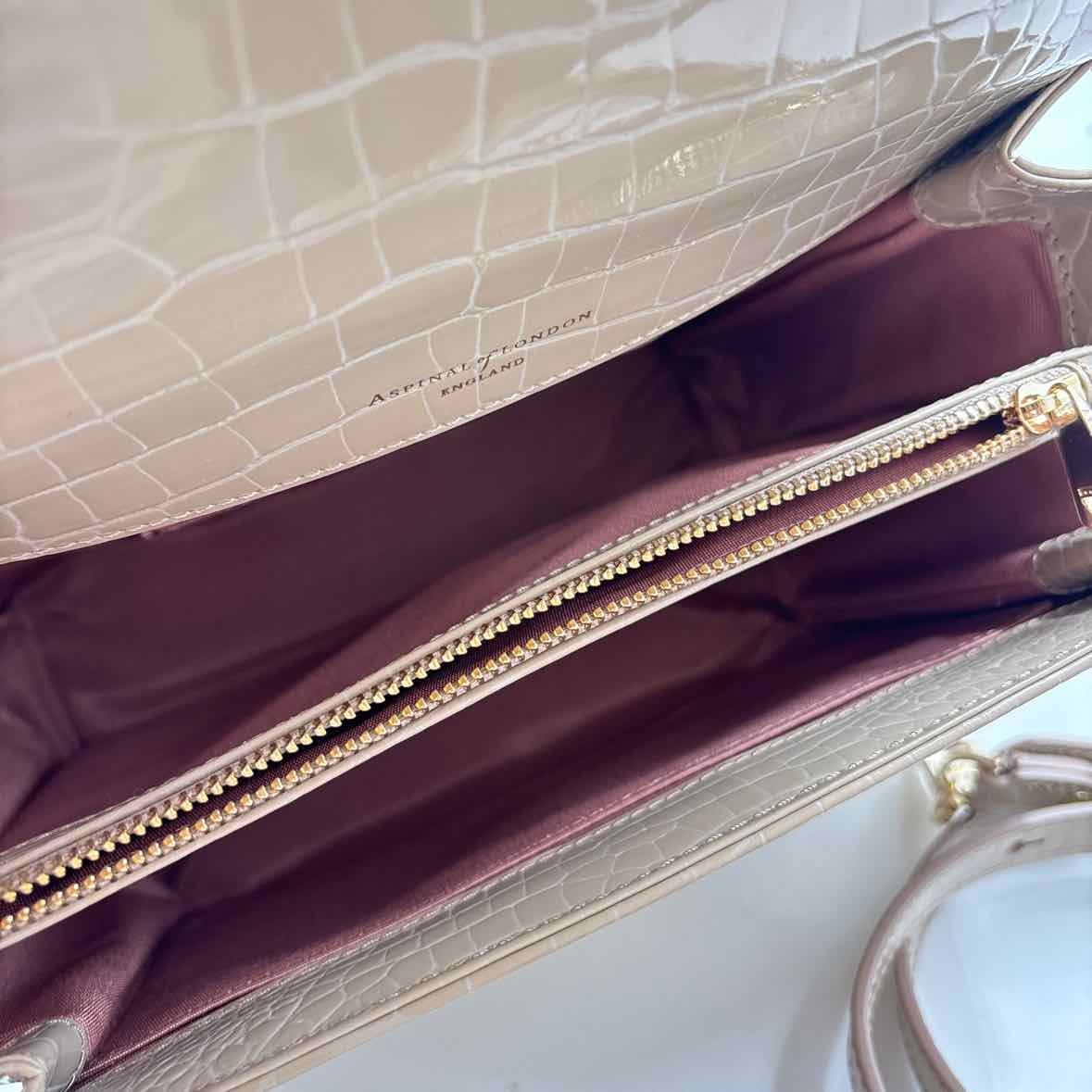 Interior ASPINAL of LONDON Tan Croc-Embossed Patent Leather MIDI MAYFAIR Satchel Purse w/Opt Crossbody