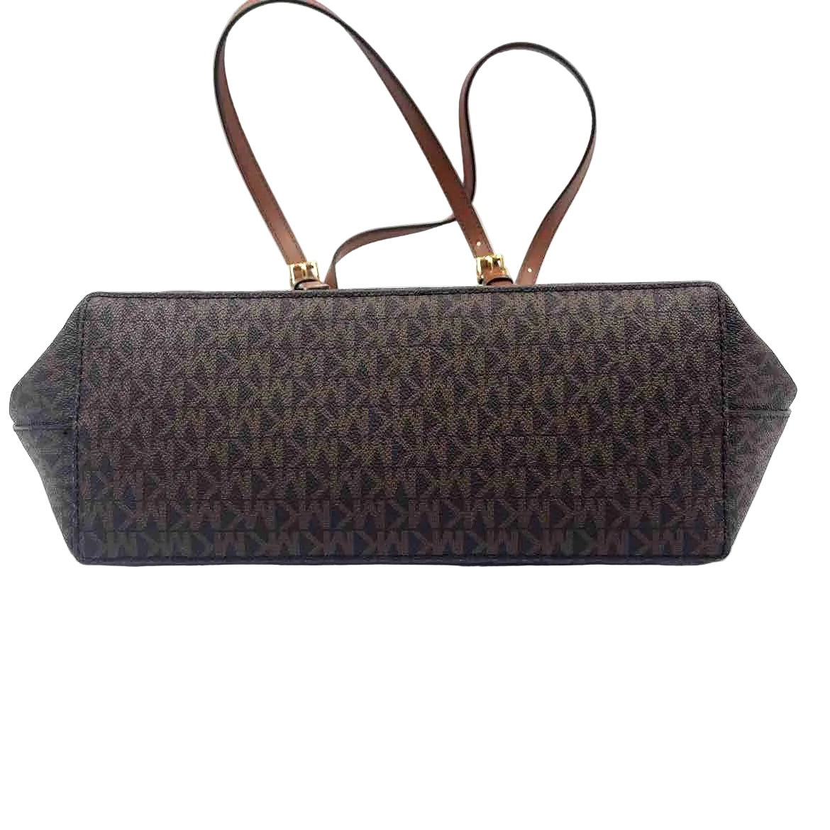 Bottom MICHAEL KORS Brown & Acorn Tan Signature JET SET Travel Medium DOUBLE POCKET Tote Bag Purse