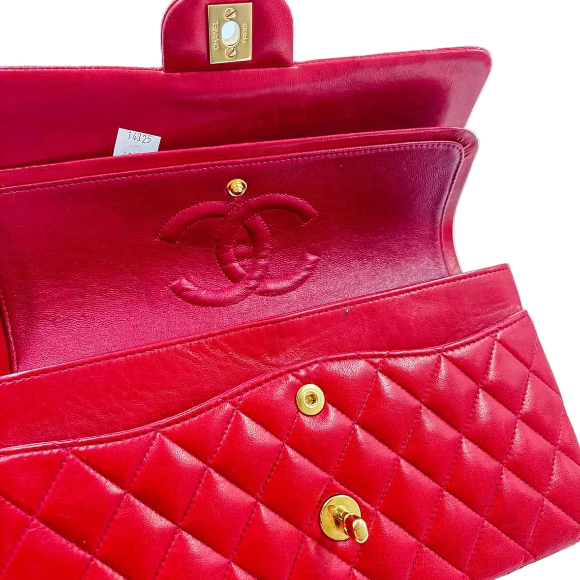 Interior CHANEL Red Lambskin Leather MEDIUM CLASSIC DOUBLE FLAP Bag Purse