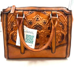 FEIGITOR Floral Embossed Brown Leather Handled Satchel Bag Purse