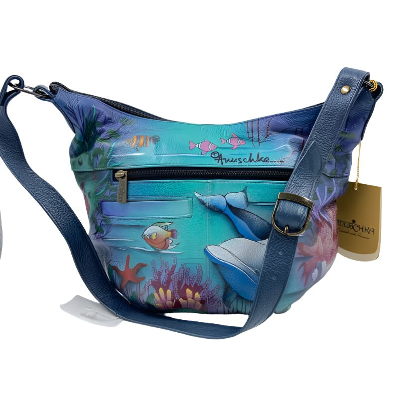 Back NWT Anuschka Hand-Painted Blue & Multi DOLPHIN Leather Shoulder Purse