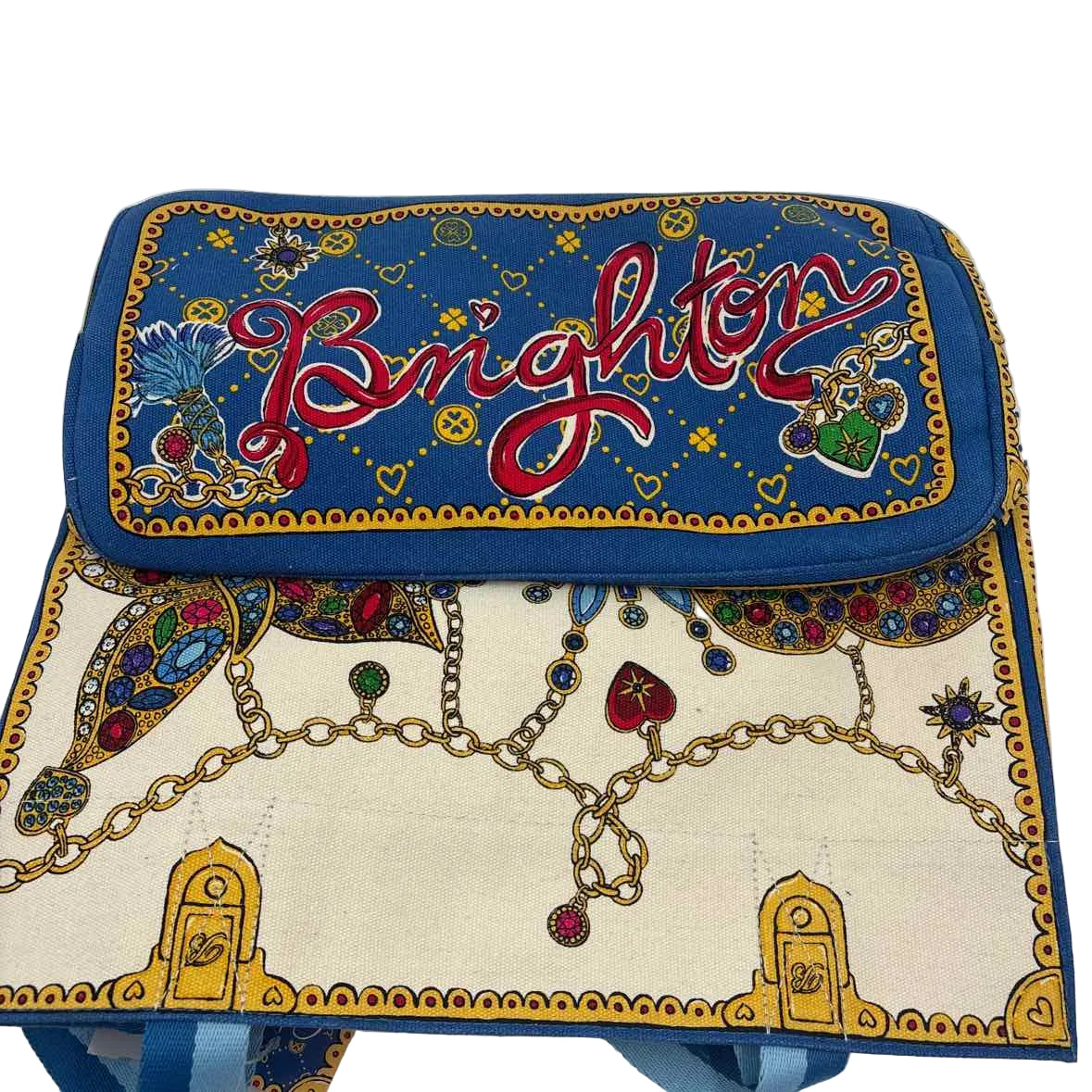 Bottom NWT BRIGHTON Blue Red & Cream Jewelled Canvas GLITTERING LOVE TOTE Bag Purse