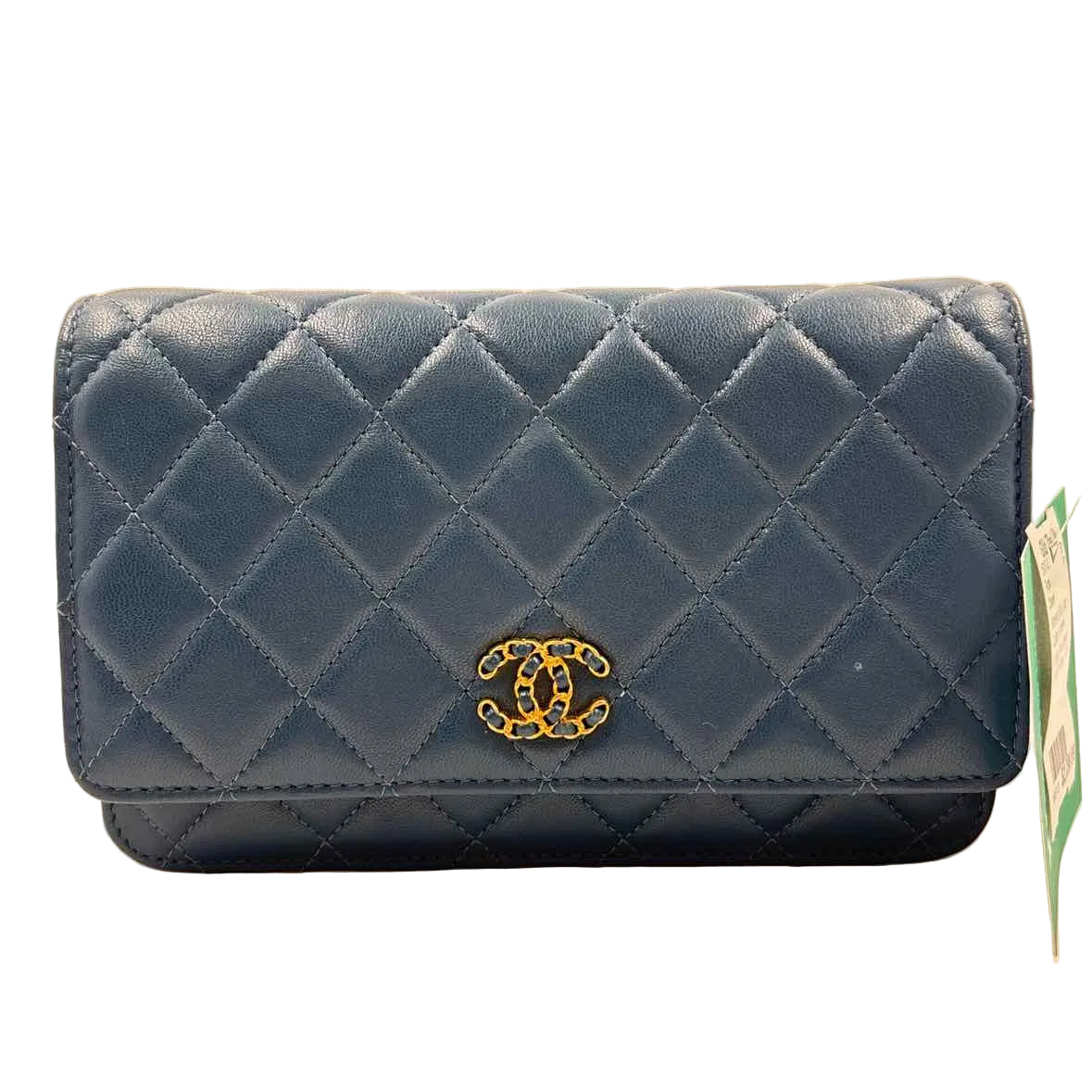 CHANEL Navy Blue Quilted Lambskin Leather INFINITY Wallet on Chain & Leather Strap Made in Italy
